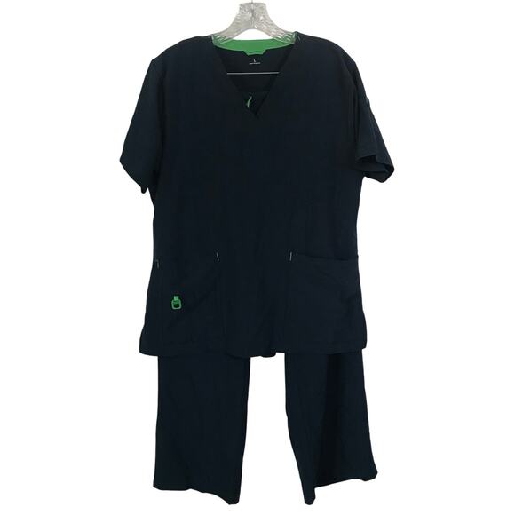 Carhartt Force Scrub Set Large Womens Nurse Navy Green Trim Medical Top Pants L - Picture 1 of 15